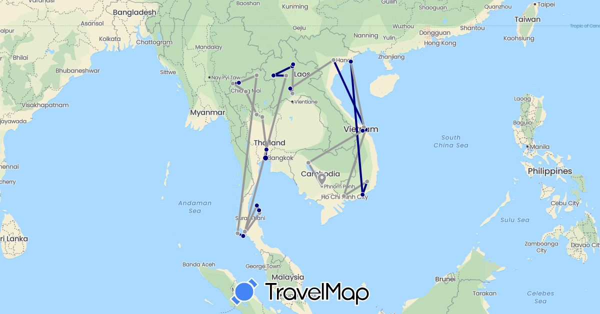 TravelMap itinerary: driving, plane in Cambodia, Laos, Thailand, Vietnam (Asia)